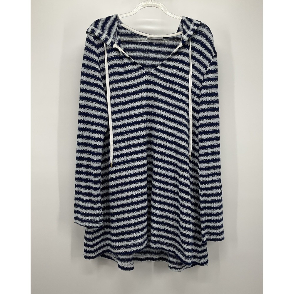 Hooded Cover Up Striped Knit Top Blue White Coastal Nautical Preppy Resort